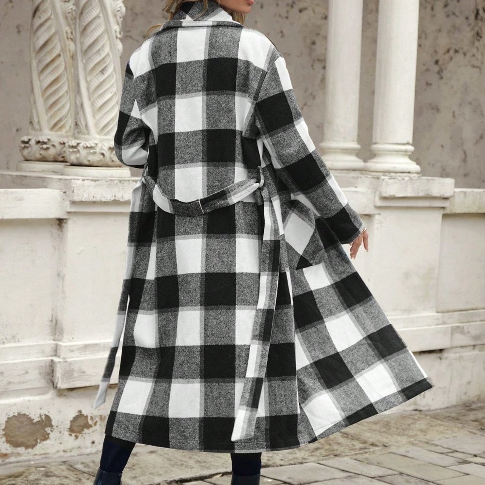 Black and White Preppy Womens Buffalo Plaid Print Dual Pocket Overcoat - Picture 2 of 6